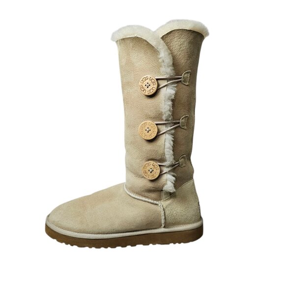 UGG Bailey Button Triplet II Tall Sheepskin Shearling Suede Wool Sand Boots - Picture 15 of 16